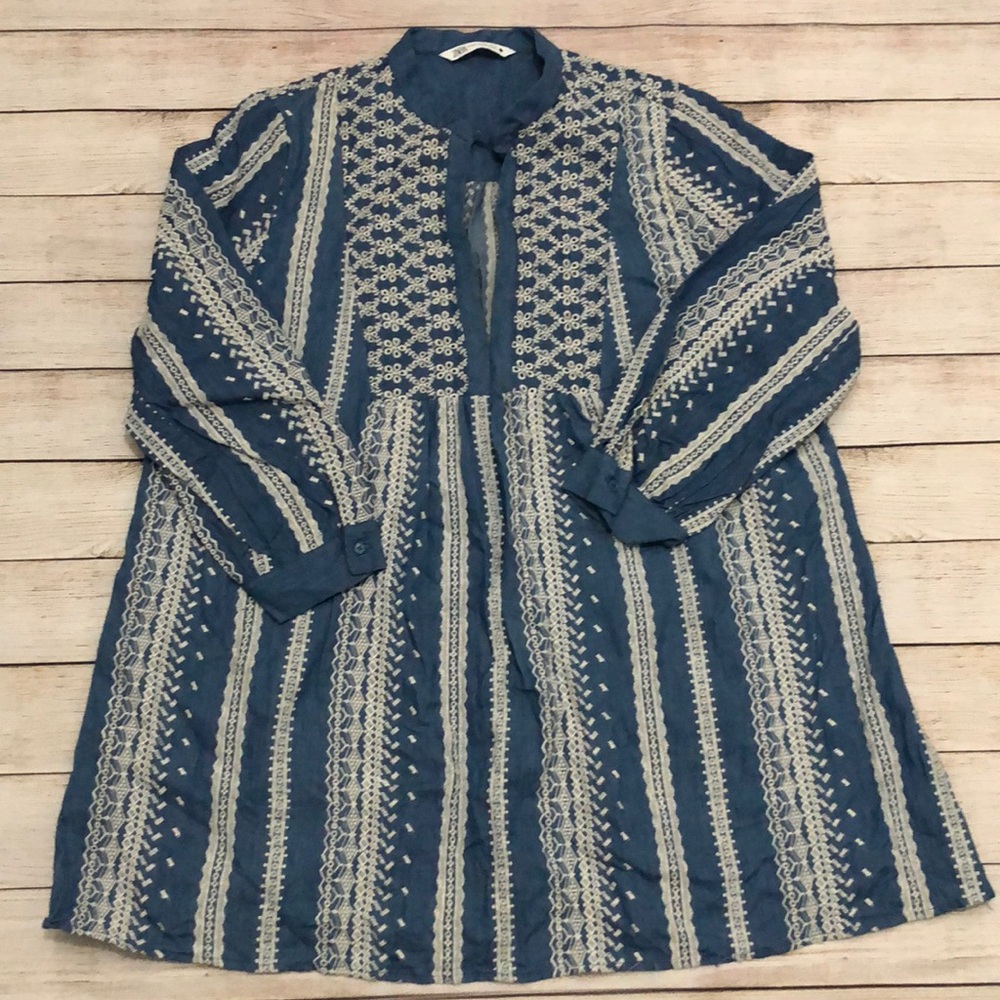 Zara Embroidered Chambray V-Neck Tunic Cover Up